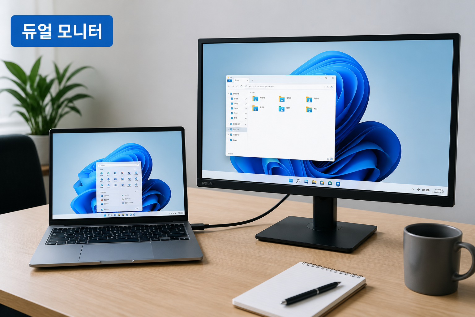 HDMI 연결 후 노트북과 외부 모니터가 정상 표시되는 듀얼 모니터 예시