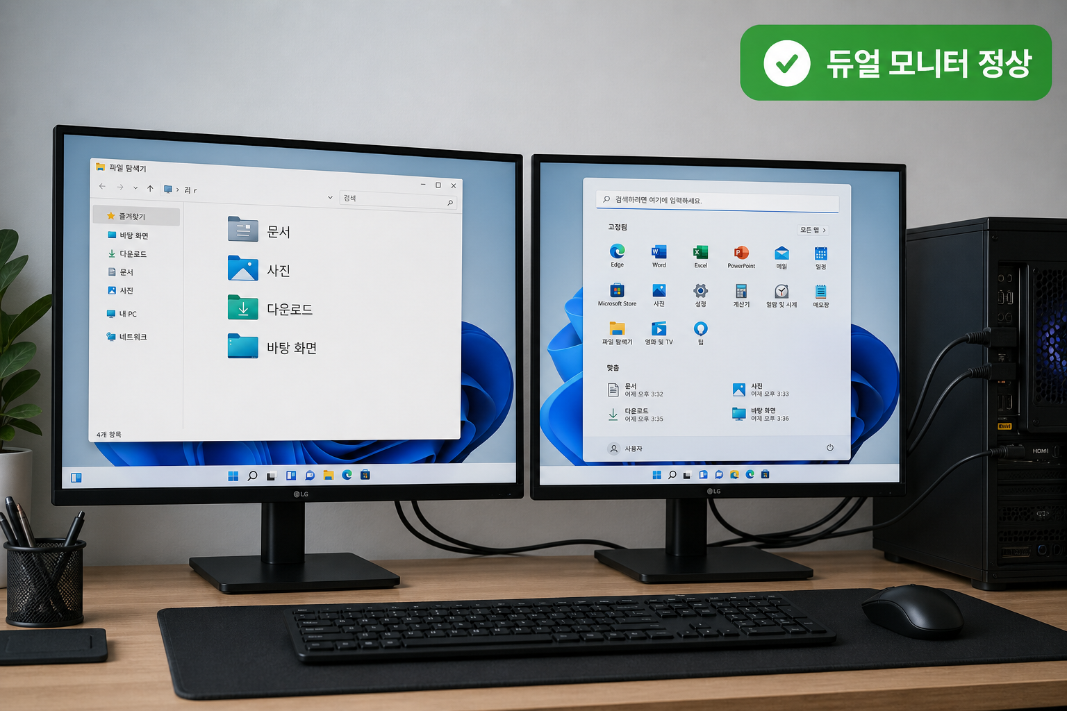 HDMI 연결 후 노트북과 외부 모니터가 정상 표시되는 듀얼 모니터 예시