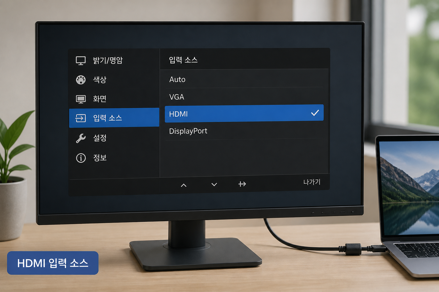 모니터 메뉴에서 HDMI 입력 소스를 선택하는 화면 예시
