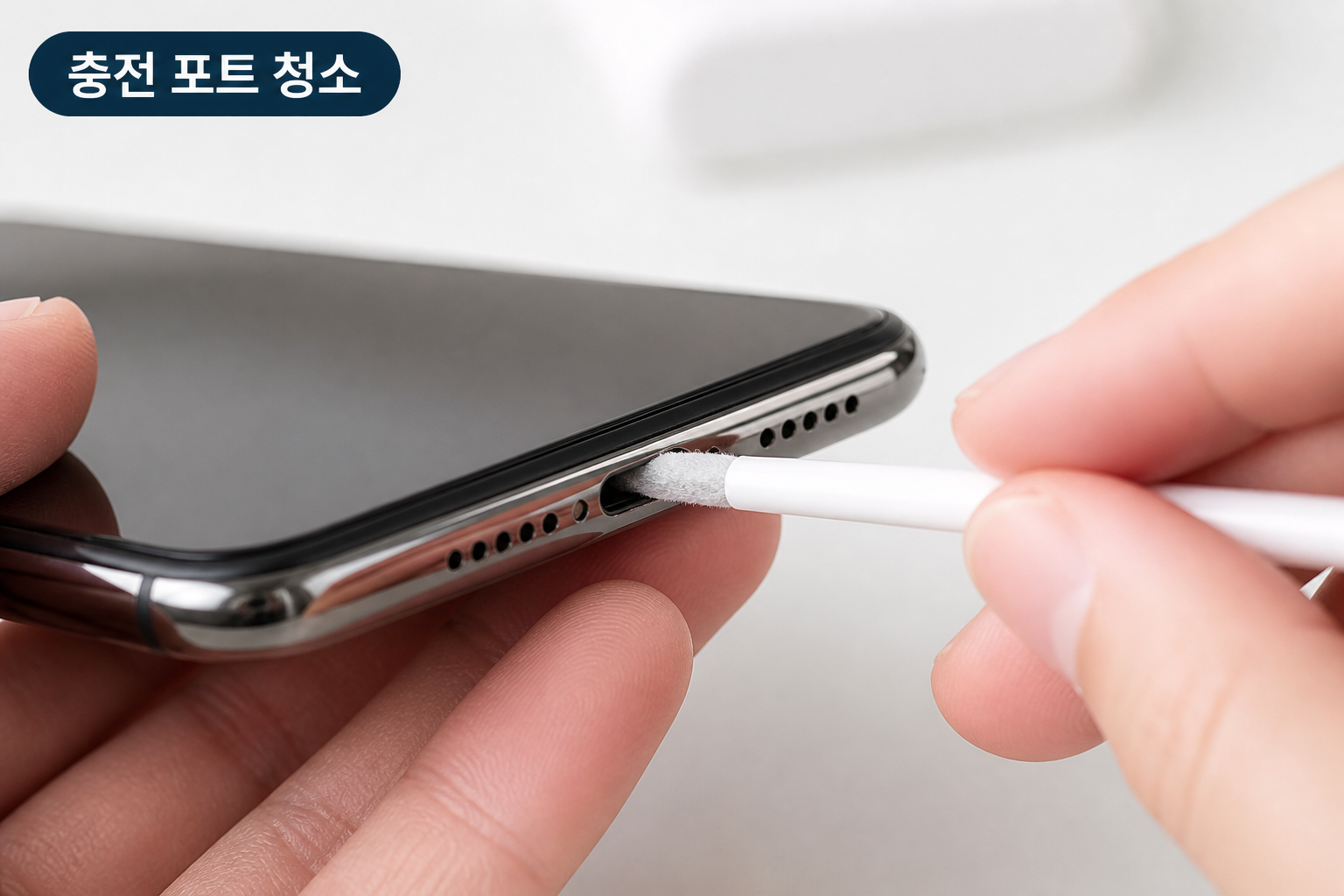 아이폰 충전 포트에 낀 먼지와 이물질을 확인하는 클로즈업 화면 예시