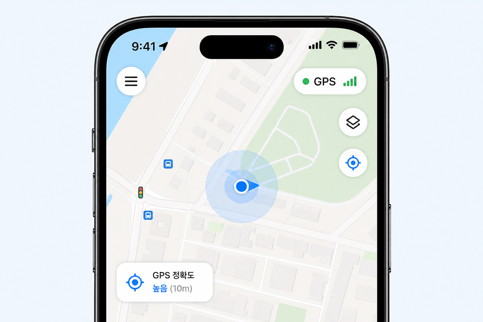 카카오맵에서 내 위치 정확도와 GPS 수신 상태를 확인하는 화면 예시
