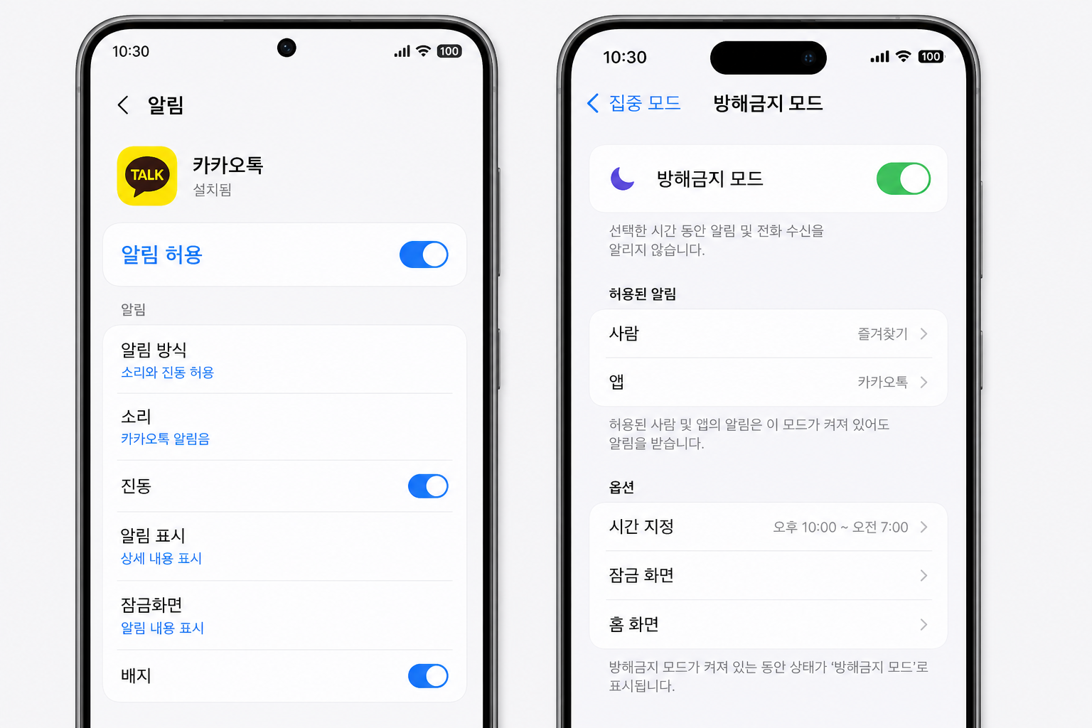 스마트폰 설정에서 카카오톡 알림 권한과 방해금지를 확인하는 화면 예시