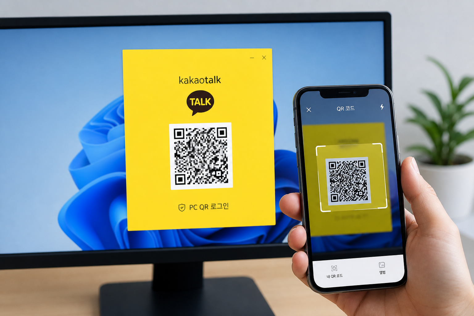 카카오톡 PC버전 QR 코드 로그인과 모바일 인증 화면 예시