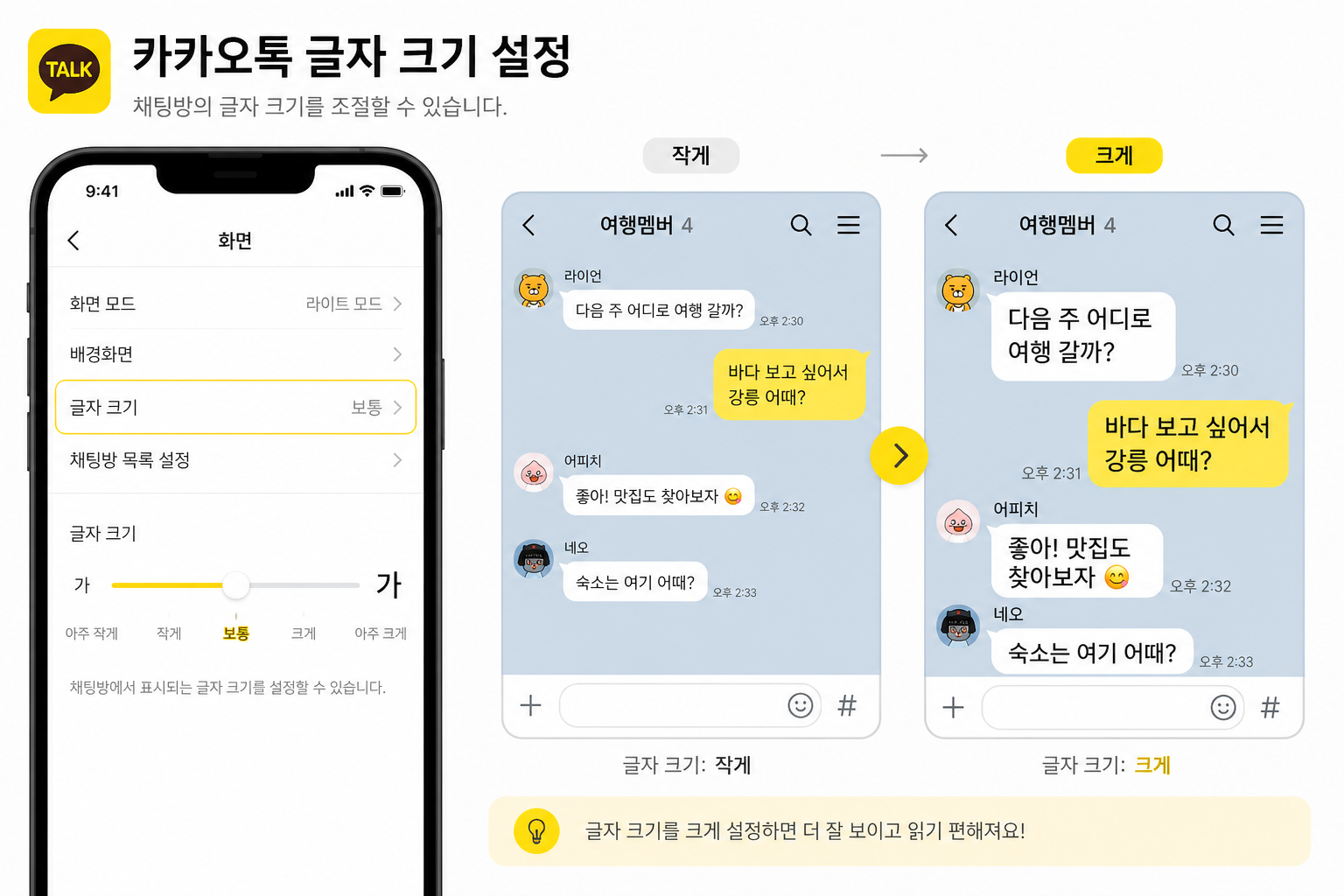 카카오톡 채팅방에서 글자 크기를 키우는 설정 화면 예시