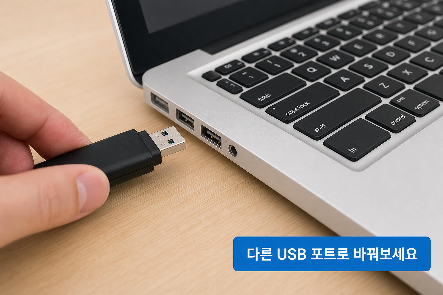 노트북에서 USB를 앞면·뒷면 다른 포트에 꽂아 보는 장면 예시