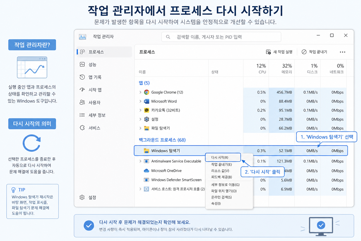 작업 관리자에서 Windows 탐색기를 선택한 뒤 다시 시작 메뉴를 누르는 화면 예시