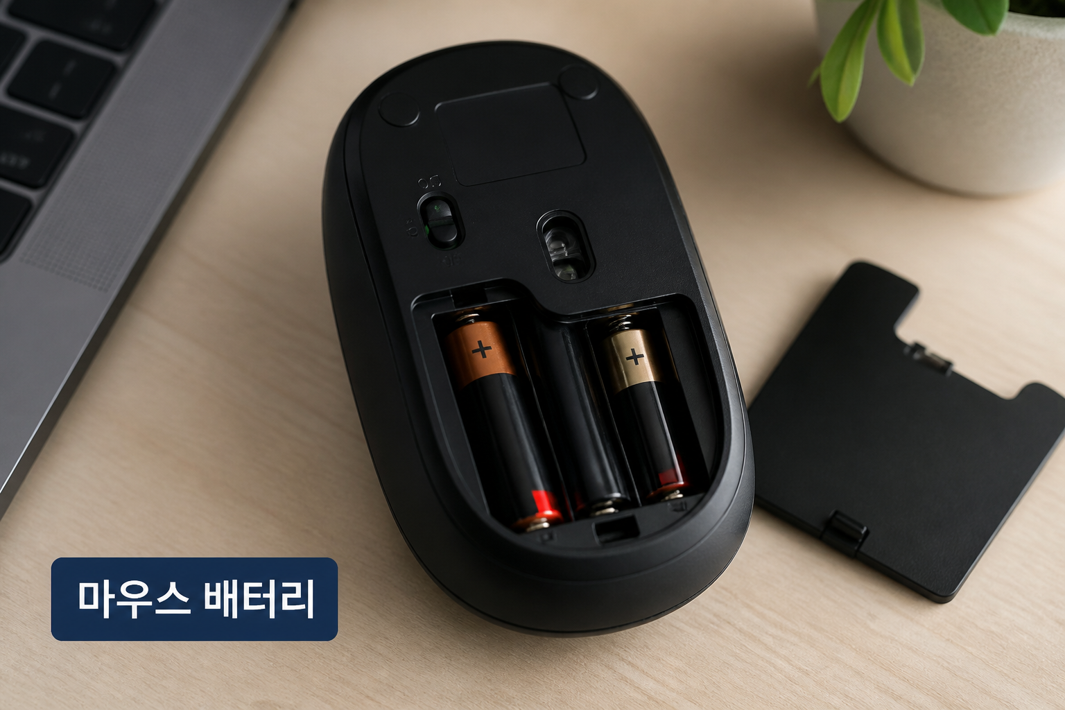 무선 마우스 배터리 커버를 열고 AA·AAA 건전지를 확인하는 장면 예시
