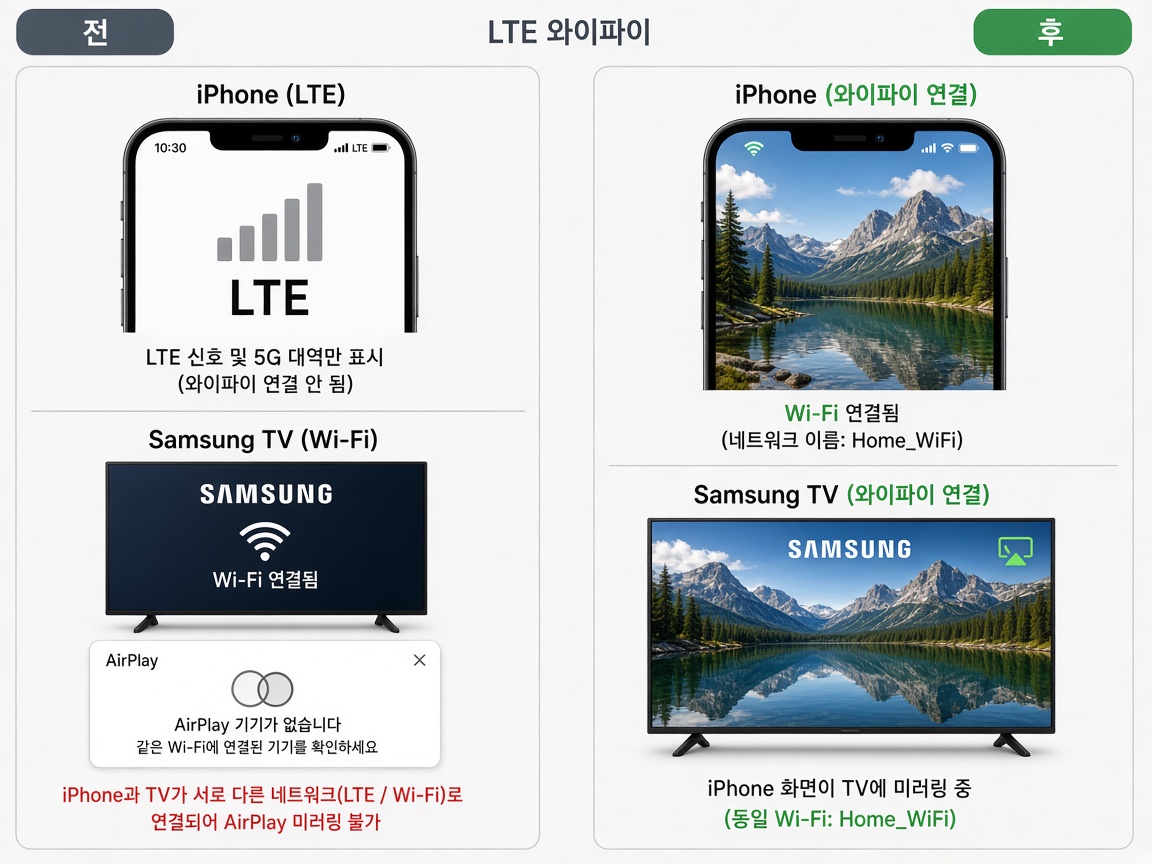 아이폰이 LTE만 켜져 있어 삼성 TV 에어플레이 목록이 비어 있는 상태와, 같은 와이파이로 맞춘 뒤 미러링되는 상태를 나란히 보여 주는 예시