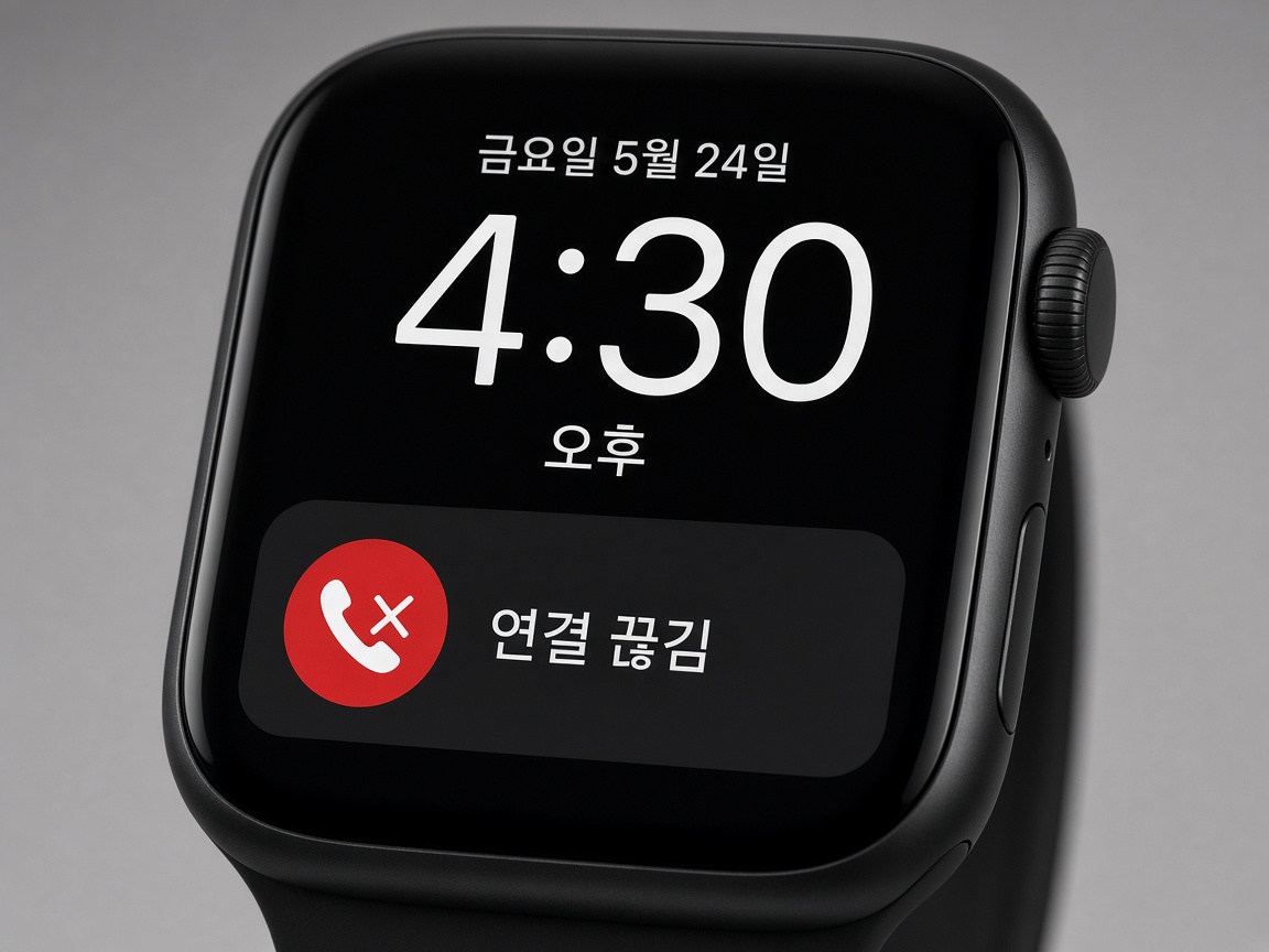 애플워치 제어 센터에 연결이 끊겼다는 빨간색 아이폰 아이콘이 표시된 화면 예시