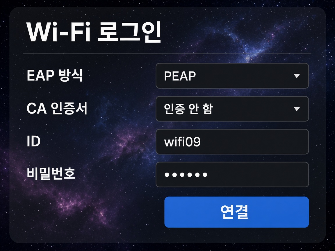 갤럭시 와이파이 설정에서 EAP를 PEAP로 고르고 CA 인증서 인증 안 함, 아이디 wifi09를 입력하는 화면 예시