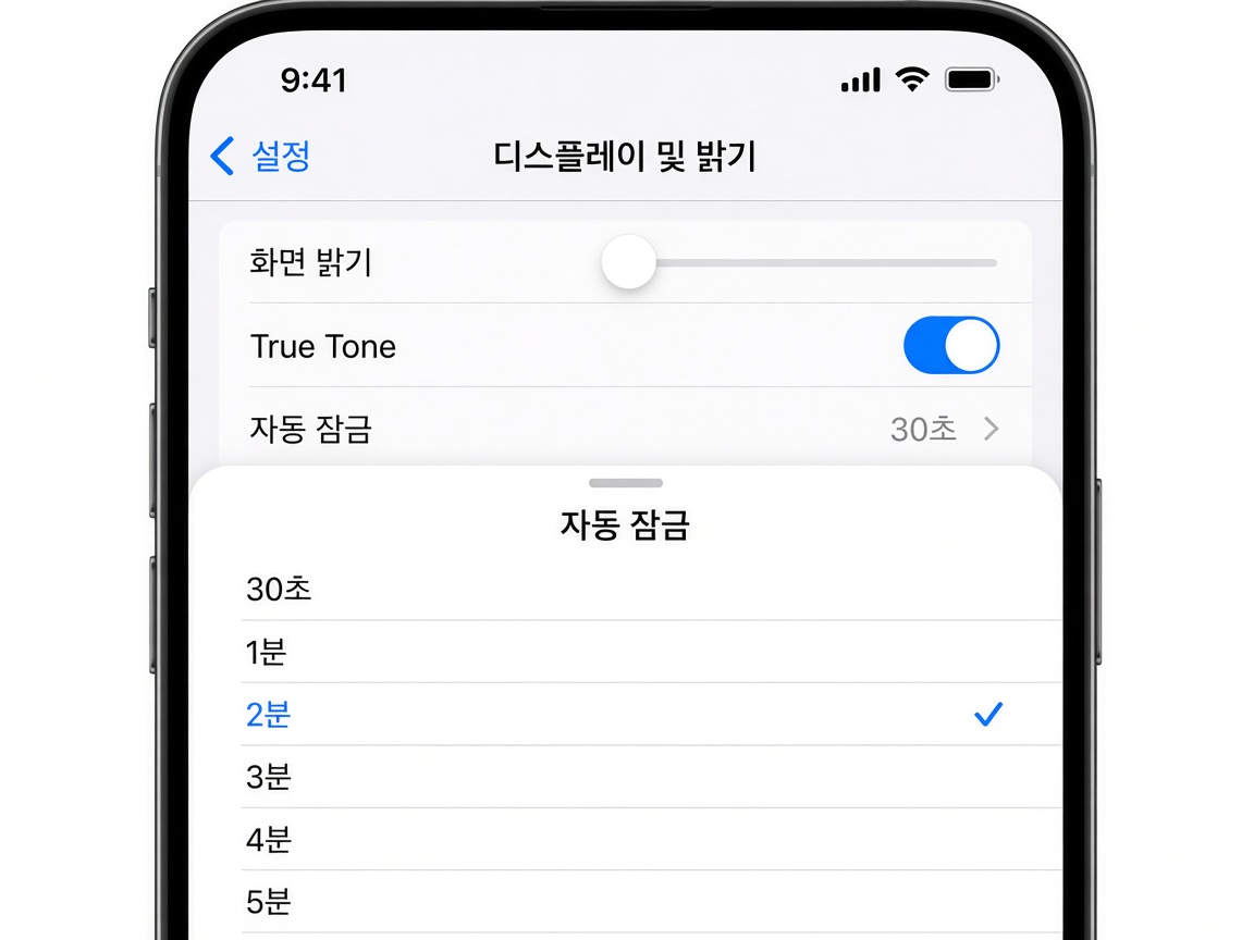 아이폰 설정 디스플레이 및 밝기에서 자동 잠금을 2분으로 선택하는 화면 예시