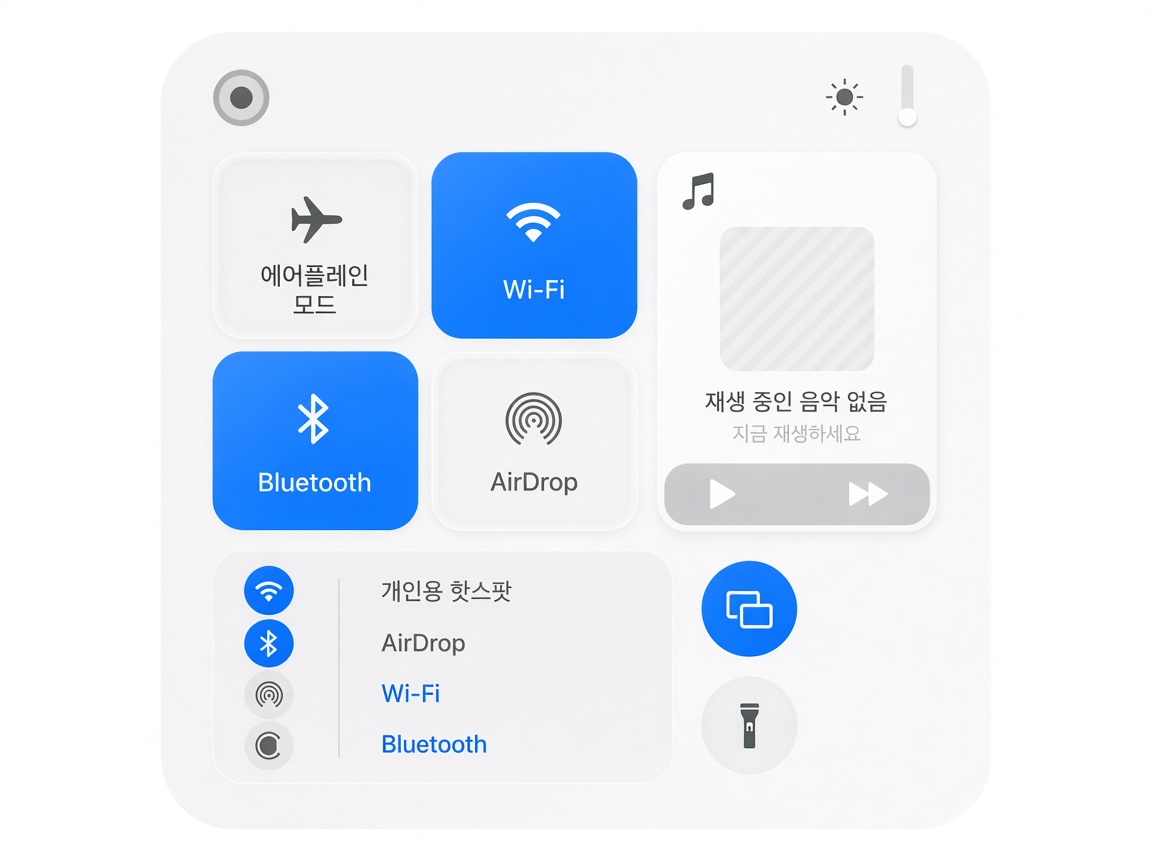 아이폰 제어 센터에서 비행기 모드를 끄고 Wi-Fi와 블루투스를 켜 둔 화면 예시