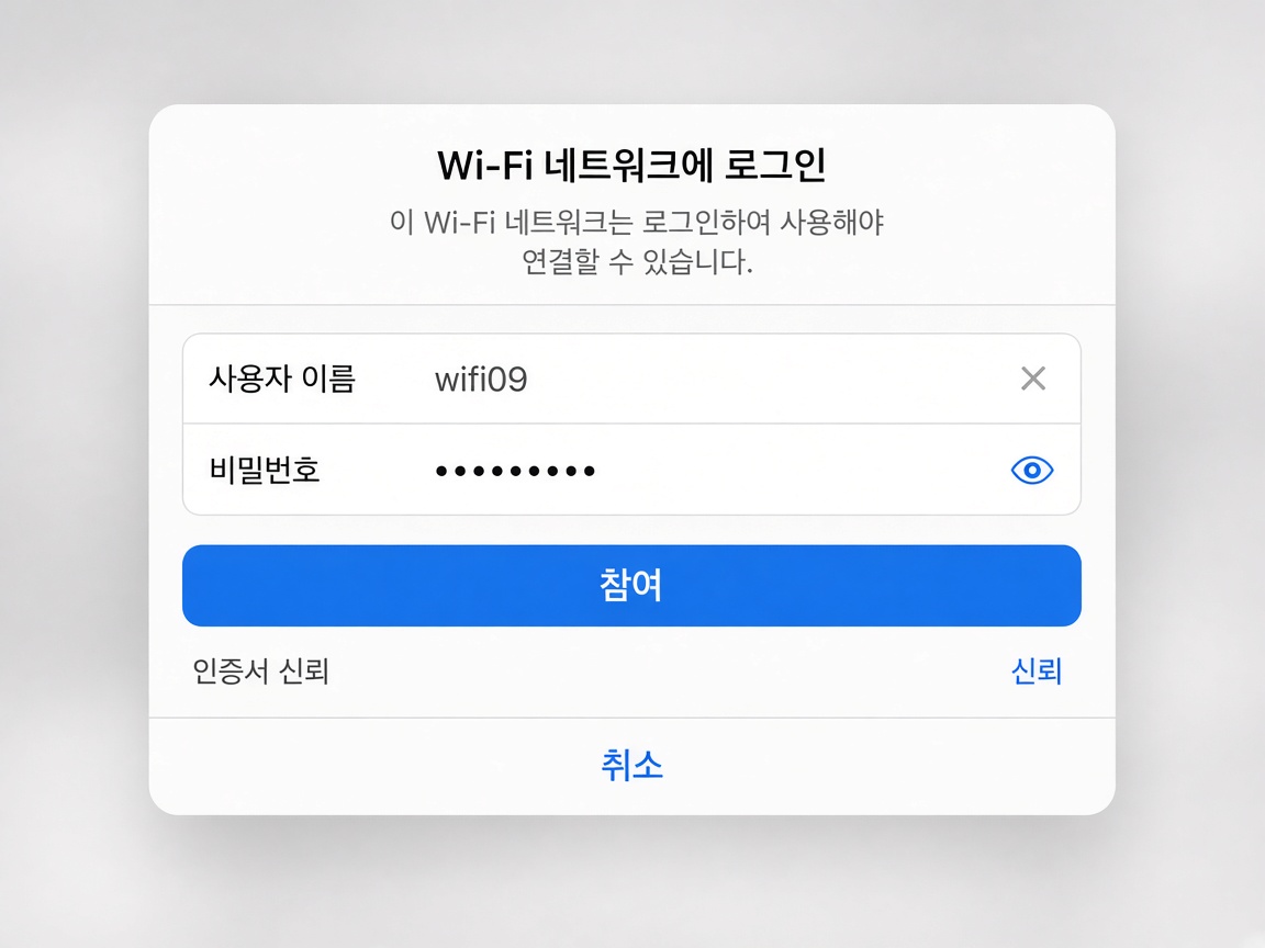 아이폰 와이파이 로그인 창에 사용자 이름 wifi09와 암호를 넣고 인증서 신뢰를 누르는 화면 예시