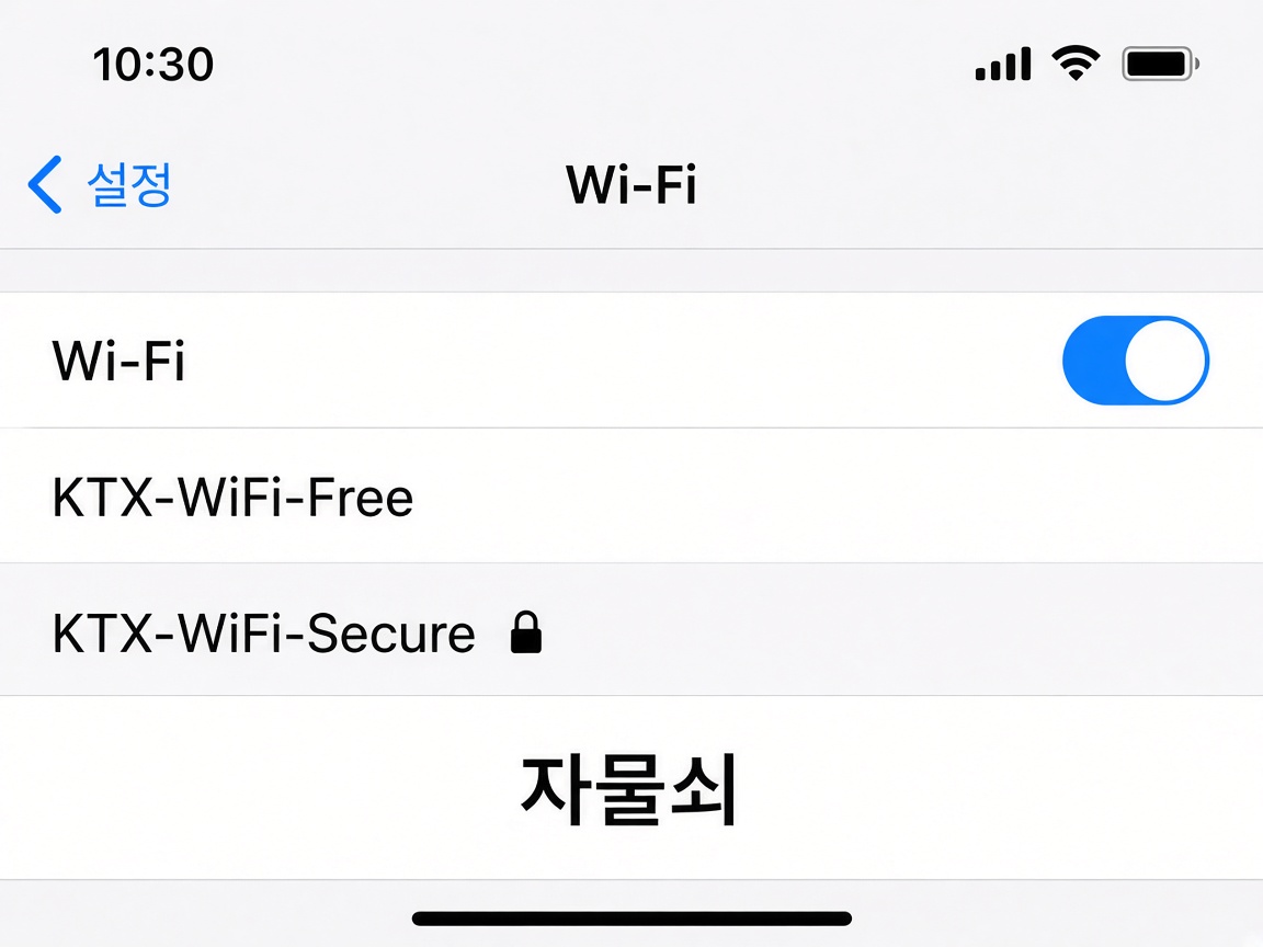 스마트폰 와이파이 목록에서 자물쇠 없는 KTX-WiFi-Free와 자물쇠 있는 KTX-WiFi-Secure를 비교하는 화면 예시