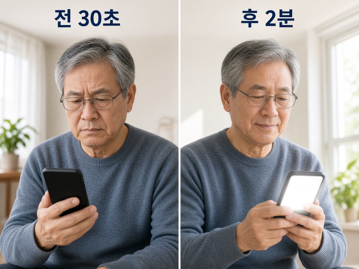 화면이 30초에 꺼져 불편했던 모습과 2분으로 늘린 뒤 편하게 읽는 모습을 나란히 보여 주는 예시