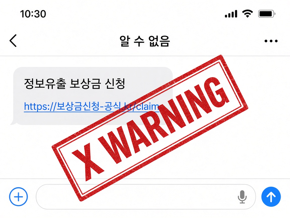 정보유출 보상금 신청을 내세운 의심 문자와 링크에 경고 표시를 한 예시 화면