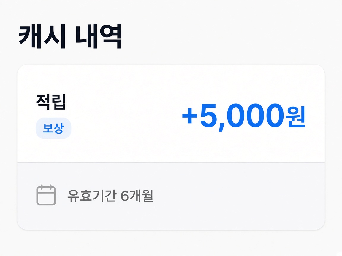 쇼핑 앱 캐시 내역 화면에서 보상으로 5,000원이 적립되고 유효기간 6개월이 표시된 예시 화면
