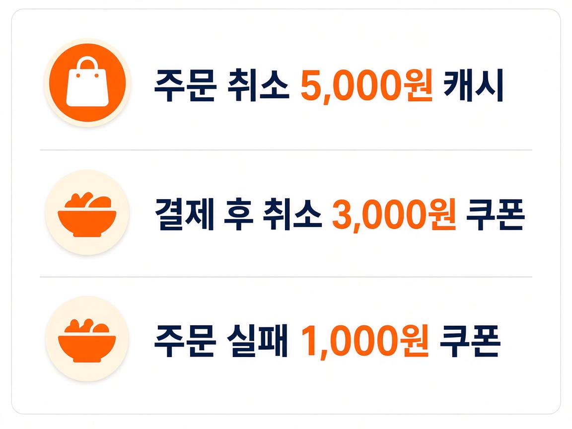 쿠팡 장애 보상 정리, 쿠팡 주문 취소 고객 캐시 5천원과 쿠팡이츠 결제 후 취소 3천원 쿠폰, 주문 실패 1천원 쿠폰