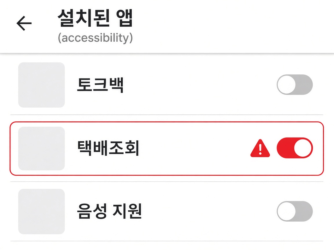 갤럭시 접근성 설치된 앱 목록에서 택배조회라는 낯선 앱이 켜져 있어 경고 표시된 예시 화면