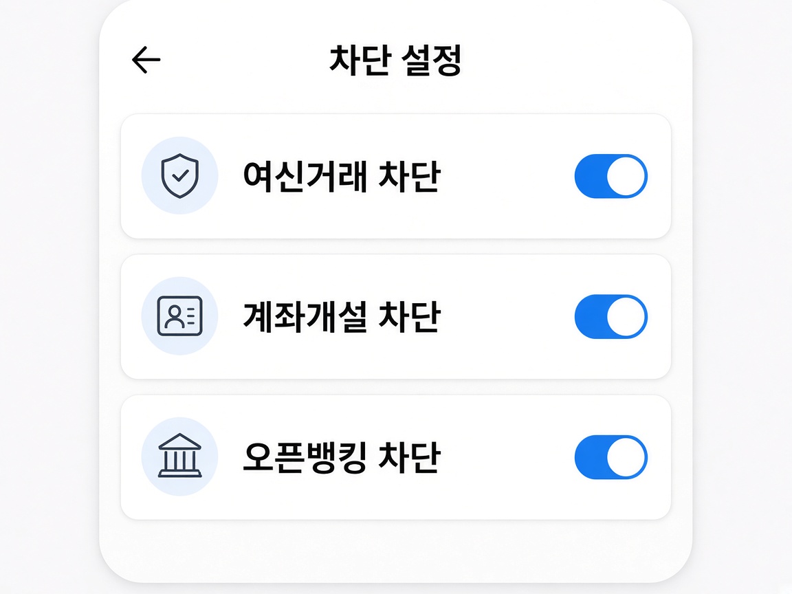 금융 앱에서 여신거래 차단, 계좌개설 차단, 오픈뱅킹 차단 세 가지 안심차단을 켜는 화면 예시