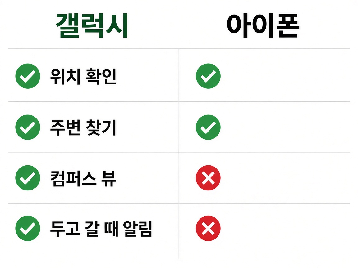 갤럭시와 아이폰의 스마트태그3 기능 비교, 위치 확인과 주변 찾기는 둘 다 되고 컴퍼스 뷰와 두고 갈 때 알림은 갤럭시만 지원