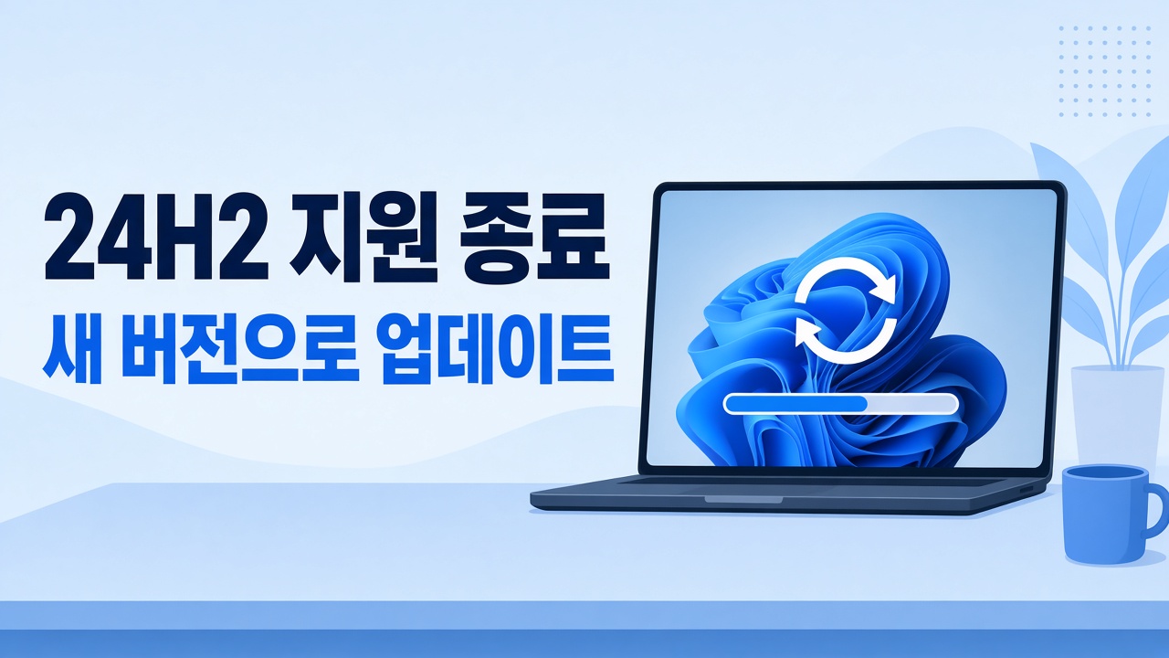 윈도우 11 24H2 지원 종료와 새 버전 업데이트를 안내하는 노트북 썸네일