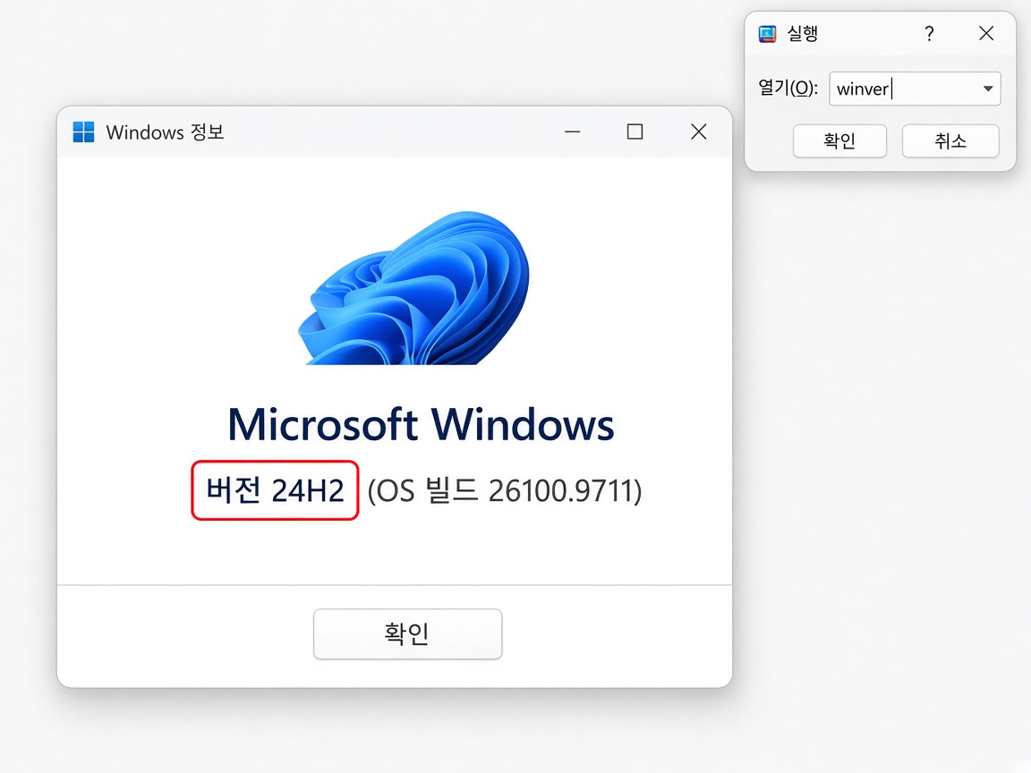 실행 창에 winver를 입력해 Windows 정보 창에서 버전 24H2를 확인하는 예시 화면